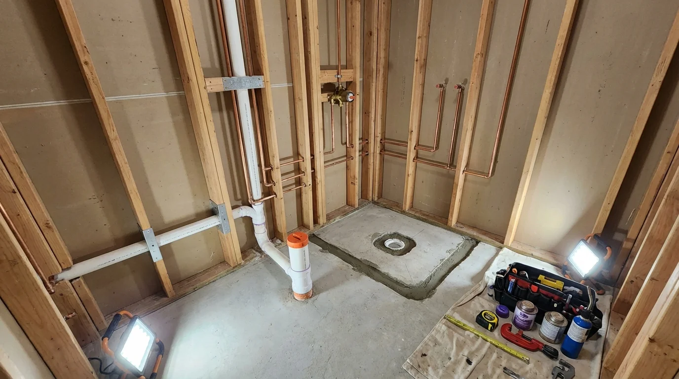 Bathroom rough-in plumbing during remodel by Johns Plumbing LLC in Kingsley