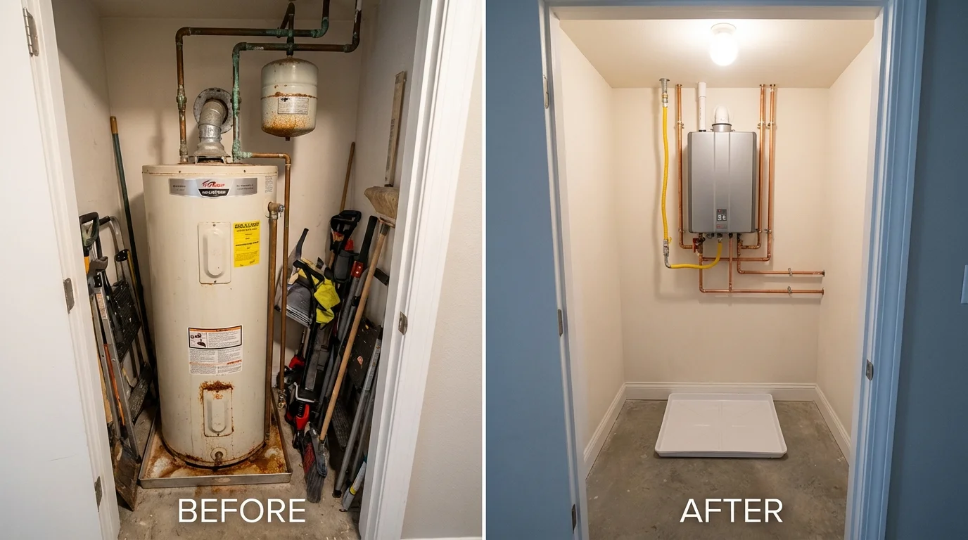 Tank water heater versus wall-mounted tankless unit comparison for Kingsley, IA homeowners
