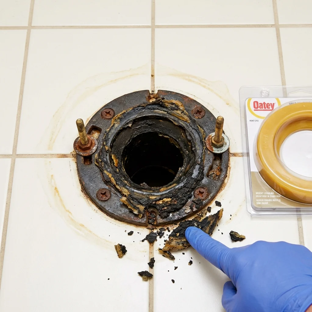 Failed wax ring showing water seepage at the base of a toilet in a Kingsley, IA home