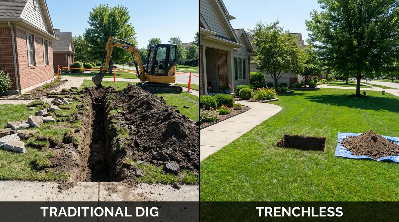 Trenchless sewer repair with minimal yard damage versus traditional excavation in Kingsley, IA
